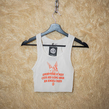 Load image into Gallery viewer, &quot;Everytime a man cuts his long hair an angel cries&quot; on a Cropped Thrifted Tank Top
